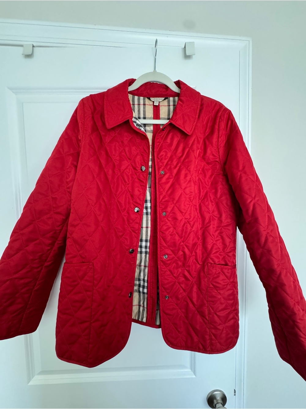 Authentic Burberry Quilted Red Women's Jacket with Plaid Lining